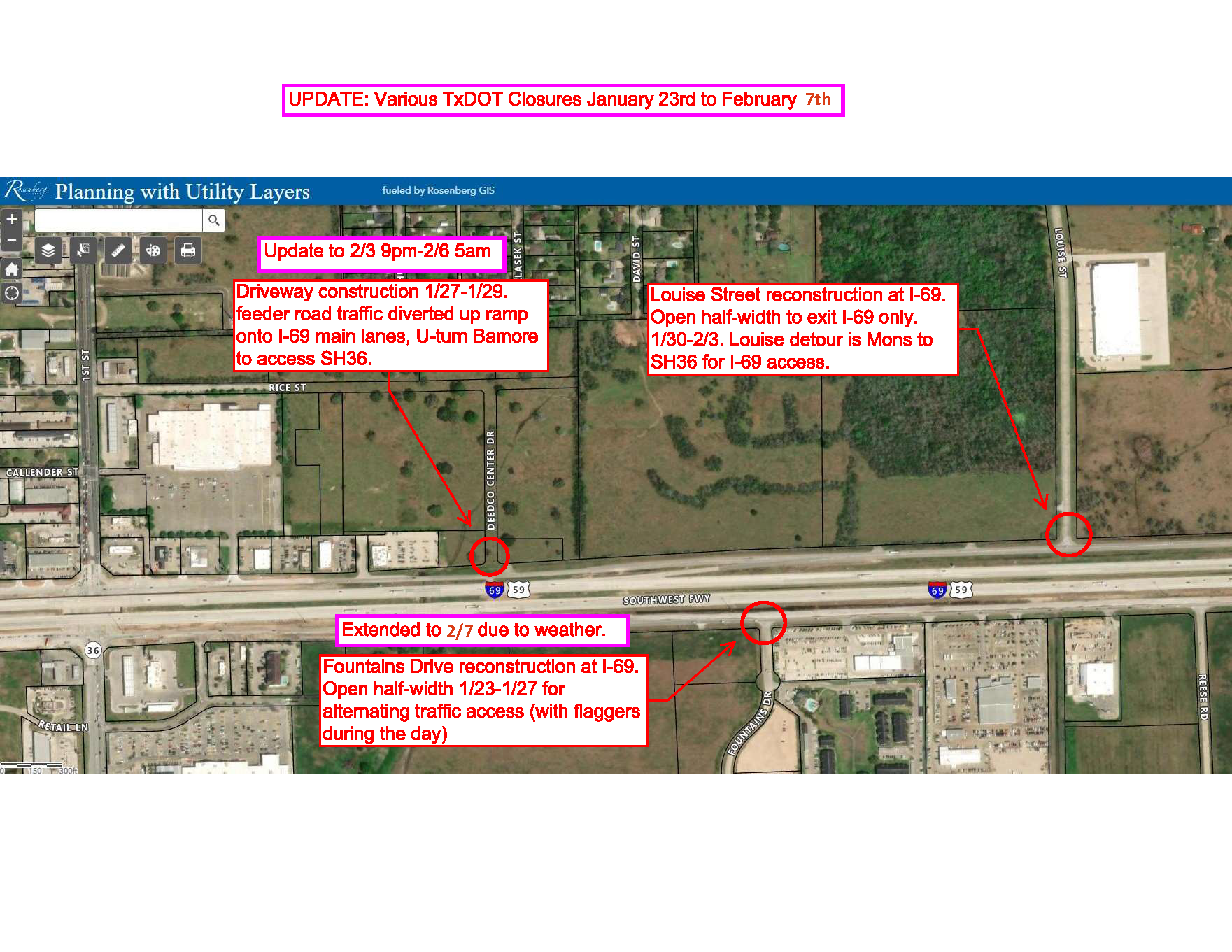 I-69 Feeder Lane Closures near Sh36 January 2023 Map (png)